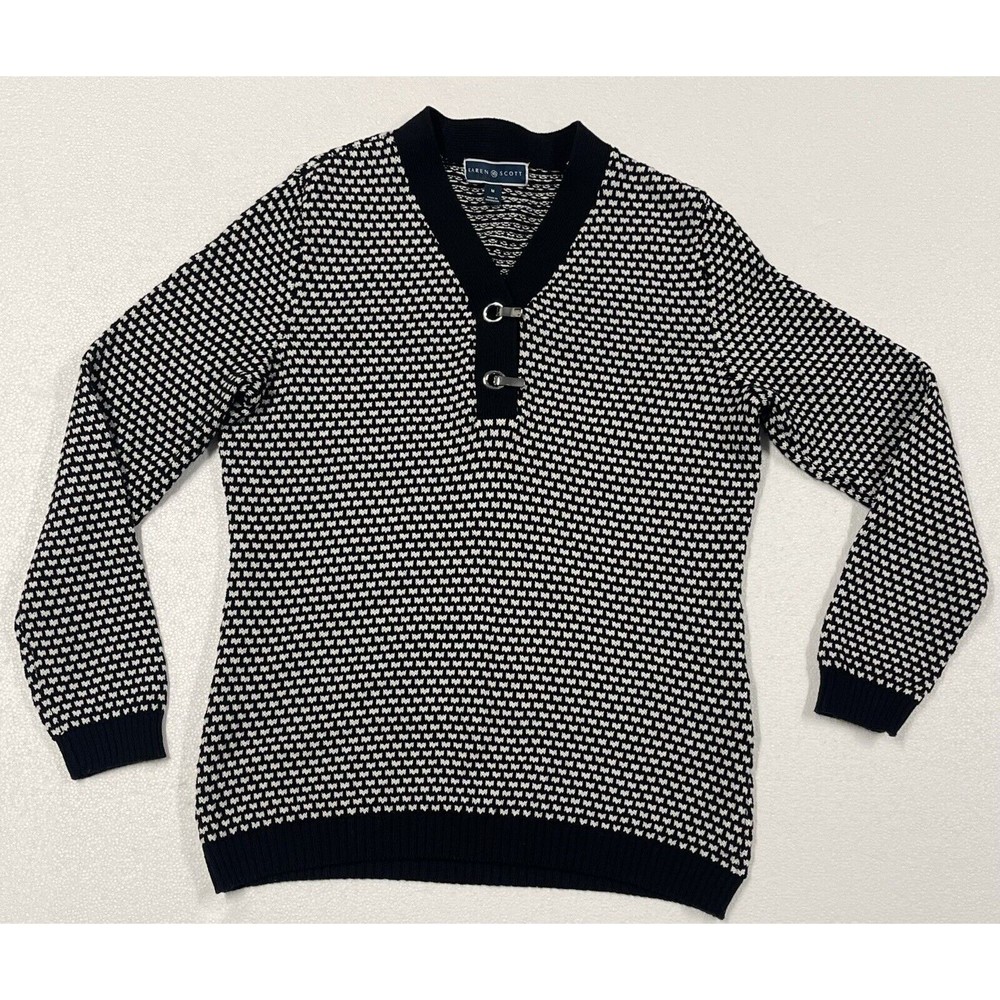 Karen Scott  White & Black Textured Henley Sweater Size M